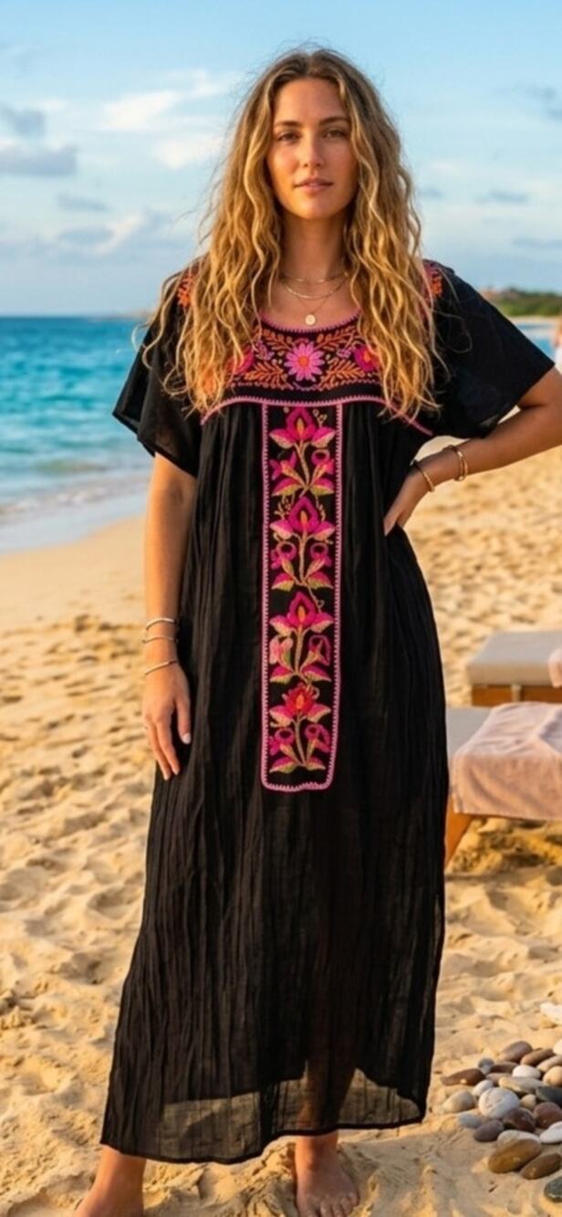 Handmade embroidered exotic tropical midi dress
